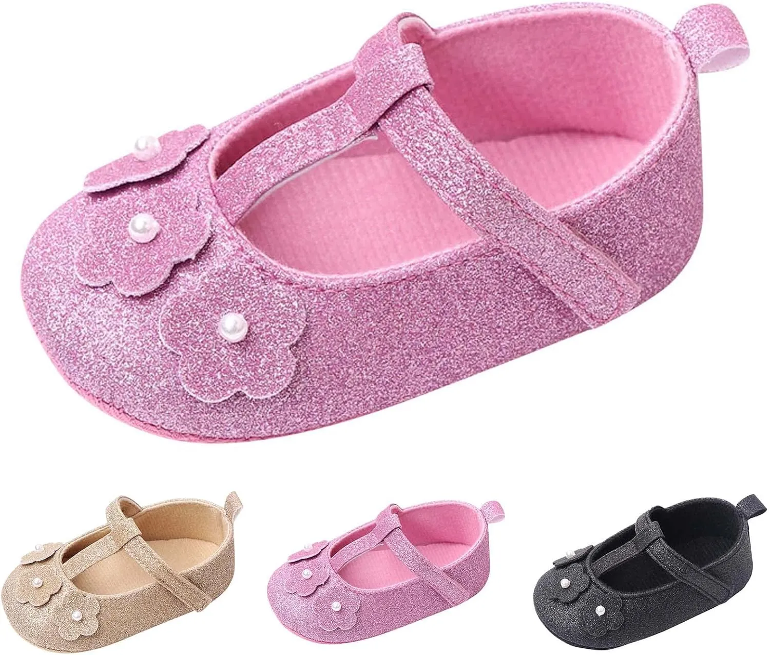 Summer Children Infant Toddler Shoes Girls Sports Shoes Flat Bottom Lightweight Shiny Pearl Flower Solid Hook Loop Shoes for Toddler Girls Size 5