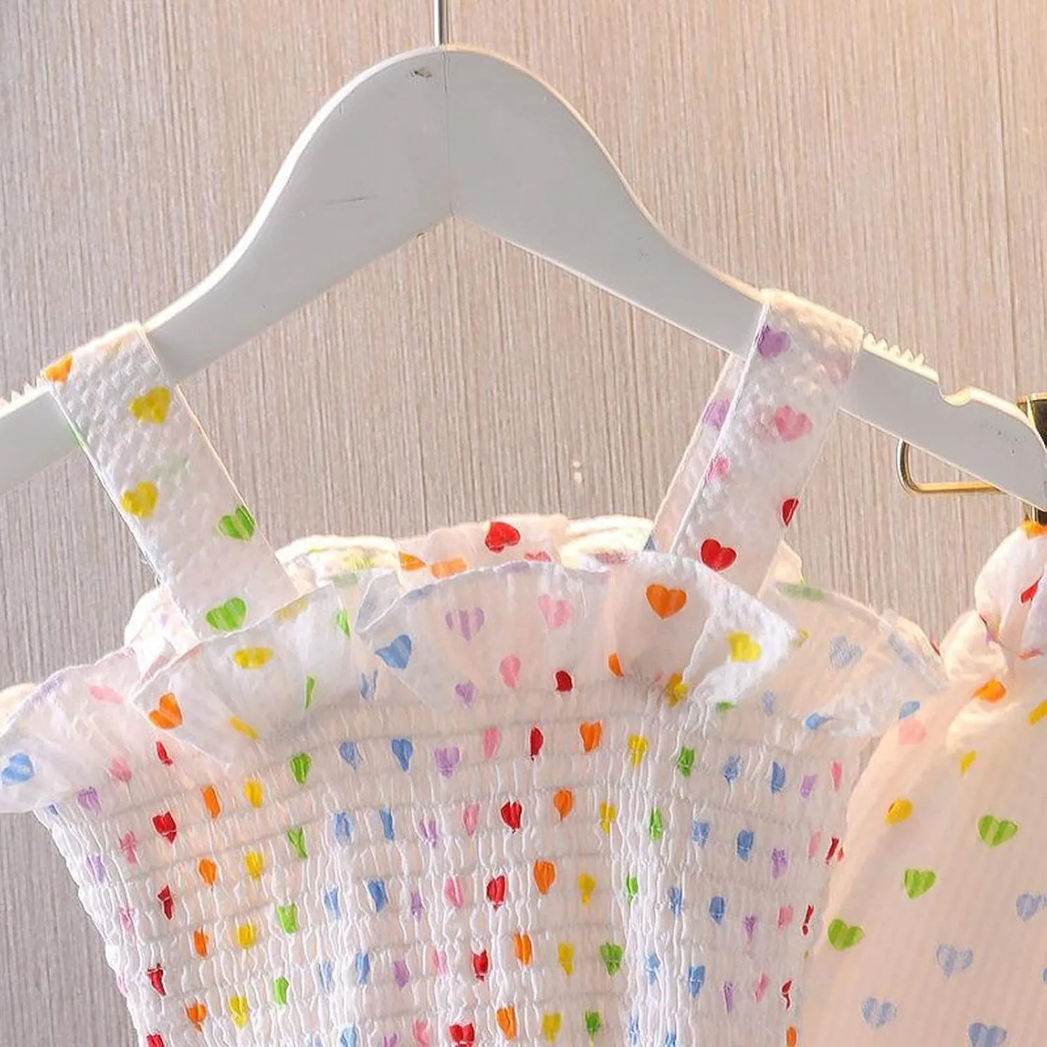 Summer Clothes Baby Girls Heart Shaped Print Sleeveless Lace Suspender Ruffle Top   Shorts 2Pcs Outfit Infant Set