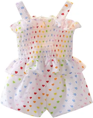Summer Clothes Baby Girls Heart Shaped Print Sleeveless Lace Suspender Ruffle Top   Shorts 2Pcs Outfit Infant Set