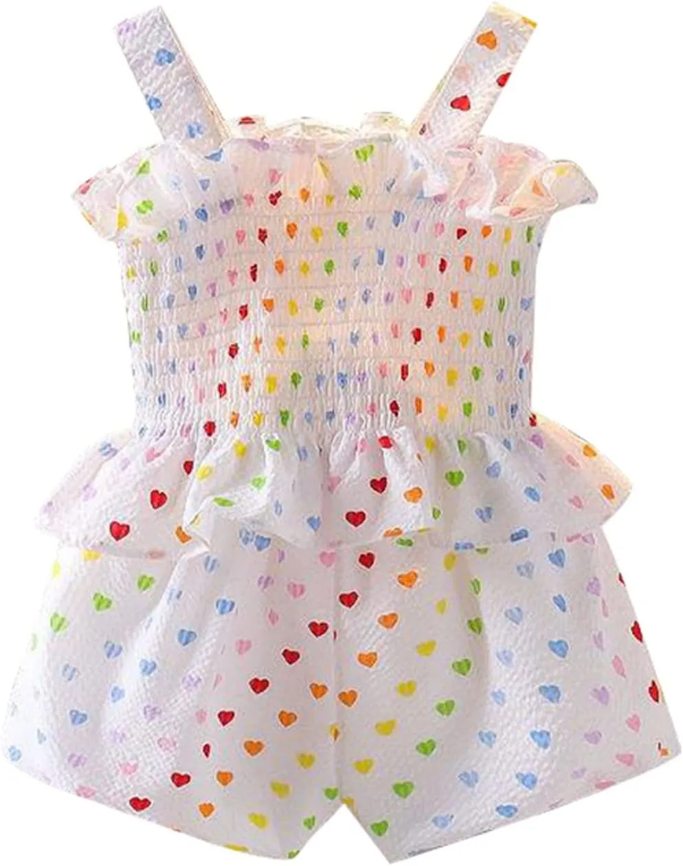 Summer Clothes Baby Girls Heart Shaped Print Sleeveless Lace Suspender Ruffle Top   Shorts 2Pcs Outfit Infant Set
