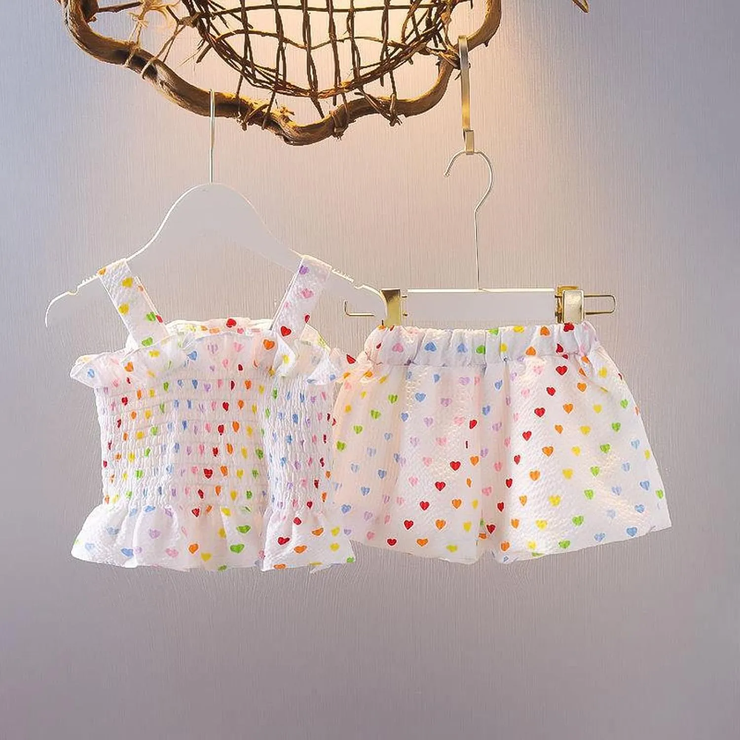 Summer Clothes Baby Girls Heart Shaped Print Sleeveless Lace Suspender Ruffle Top   Shorts 2Pcs Outfit Infant Set