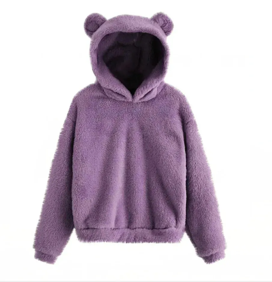 Teddy Bear Ear Women's Hoodie Cute Lightweight Warm Long Sleeve Fleece Kawaii Harajuku Cosplay Girl Furry