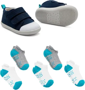 Ten Little First Walker Kids Shoes & Ankle Socks Bundle for Baby & Toddler Boys & Girls, Navy Blue Shoe Size 6, Ankle Socks with Non-Skid Grips 5 Pk