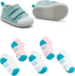Ten Little First Walker Kids Shoes & Ankle Socks Bundle for Baby & Toddler Boys & Girls, Ocean Blue Shoe Size 4, Ankle Socks with Non-Skid Grips 5 Pk