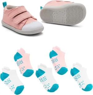 Ten Little First Walker Kids Shoes & Ankle Socks Bundle for Baby & Toddler Boys & Girls, Rose Pink Shoe Size 3.5, Ankle Socks with Non-Skid Grips 5 Pk