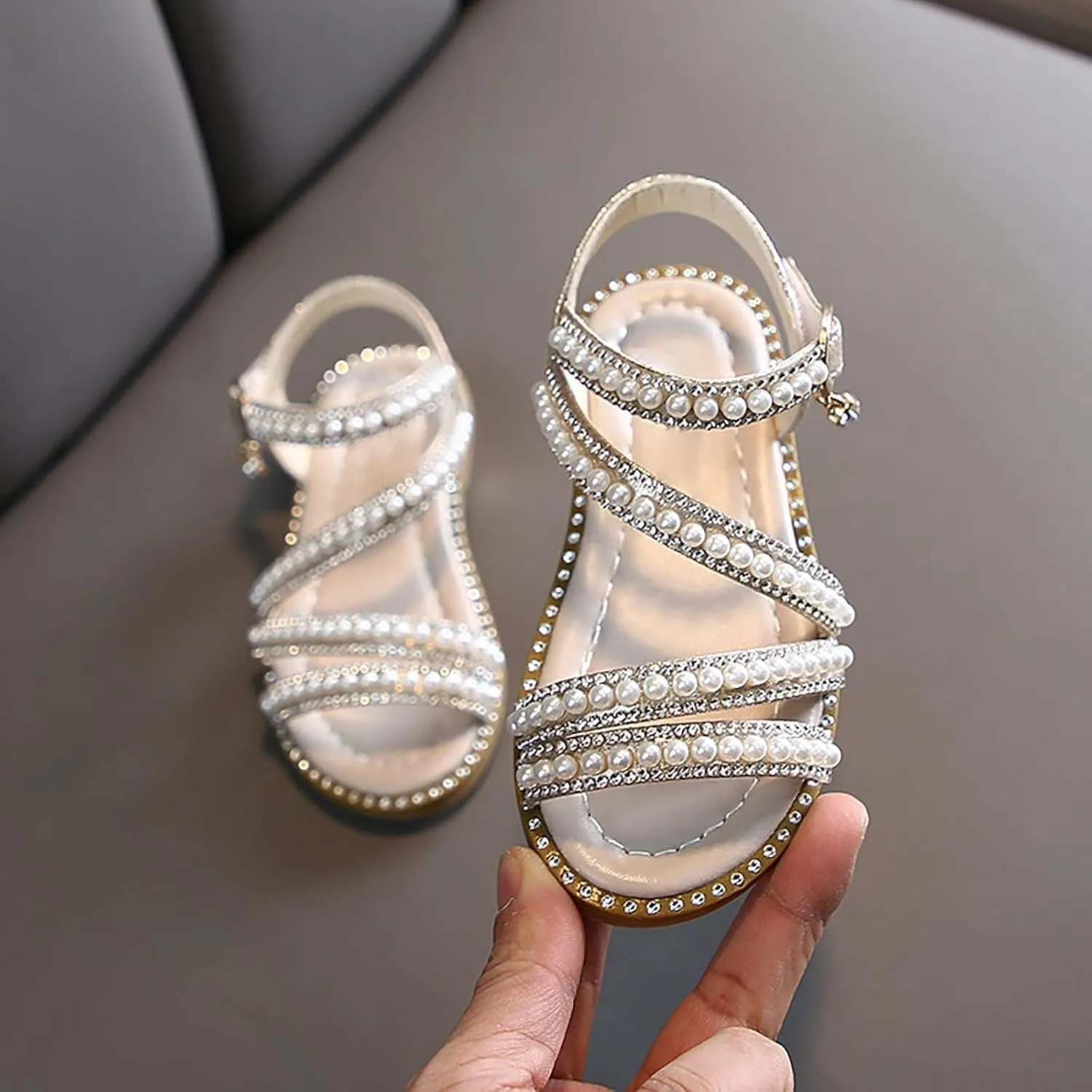 Toddler Girls Pearl Sandals Open Toe Kids Cute Flat Shoes Adjustable Slip On Soft Sole Weeding School Outdoor