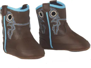 TWSTER Hudson Baby Bucker Boots, Brown with White and Blue Stitched Pattern, Hook & Loop Closure for Easy Wear, Infant Size 4
