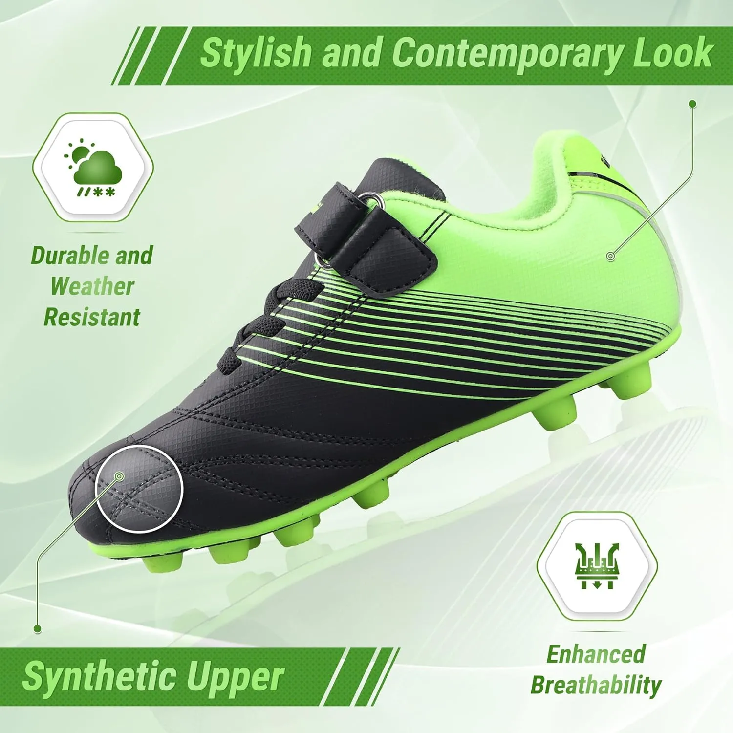 Vizari Soccer Cleats Boys Girls | Firm Ground Football Shoes | Light Secure Fit with Hook & Loop Strap | Toddlers, Little/Big Kid