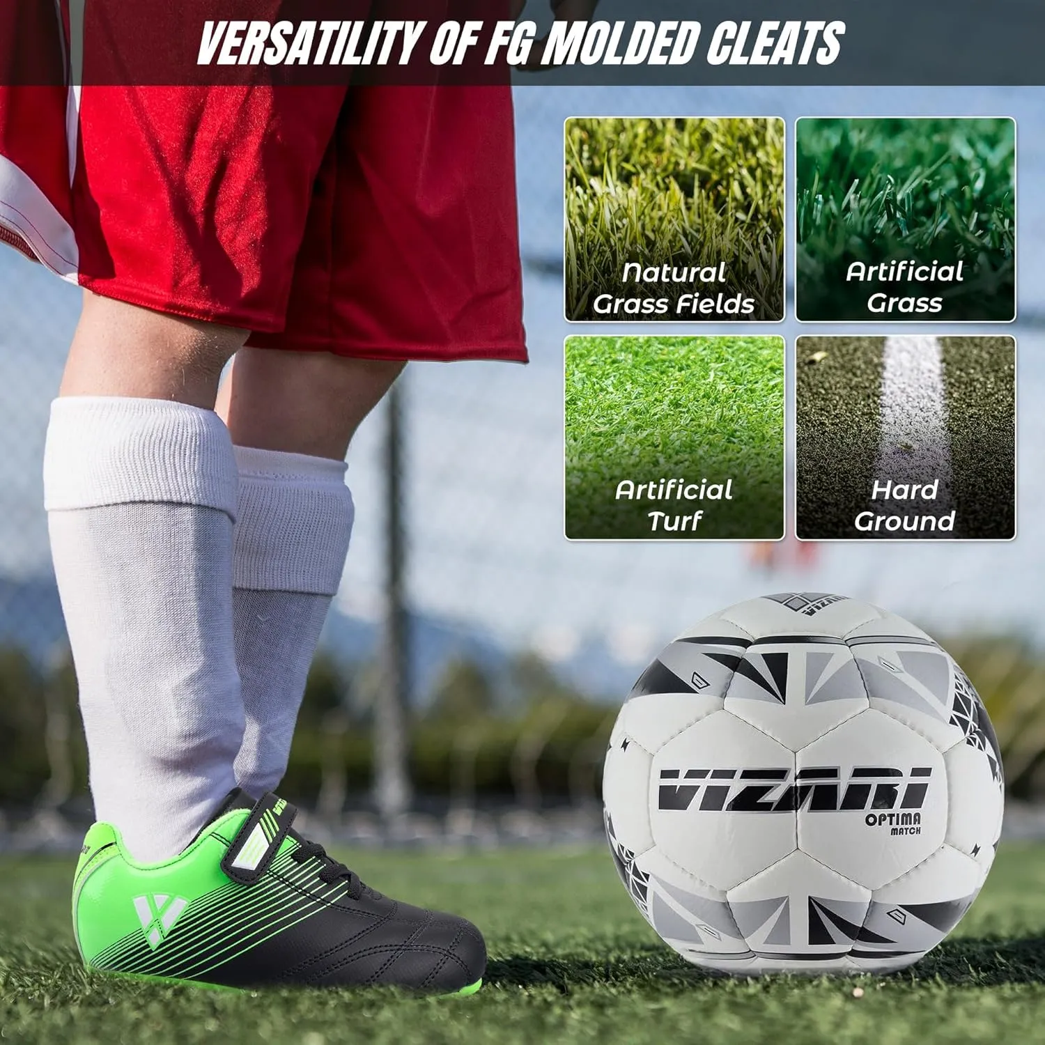 Vizari Soccer Cleats Boys Girls | Firm Ground Football Shoes | Light Secure Fit with Hook & Loop Strap | Toddlers, Little/Big Kid