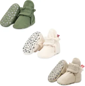Zutano Cotton Baby Booties with Gripper Soles, Soft Sole Stay-On Baby Shoes, Bundle, Olive/Cream/Khaki, 18M