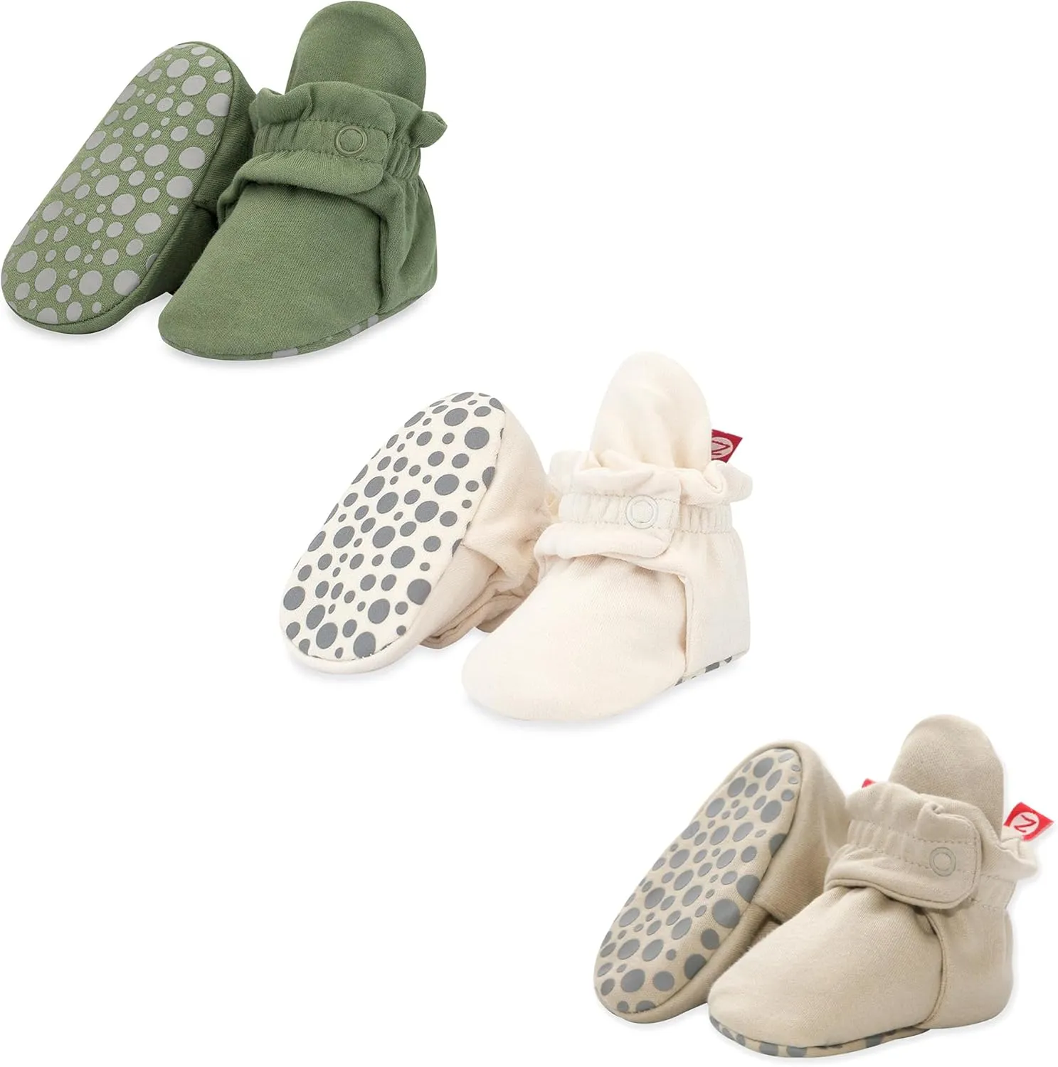 Zutano Cotton Baby Booties with Gripper Soles, Soft Sole Stay-On Baby Shoes, Bundle, Olive/Cream/Khaki, 18M